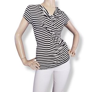 CAbi Monochrome Striped Short Sleeve Waterfall Neck Blouse Size Medium